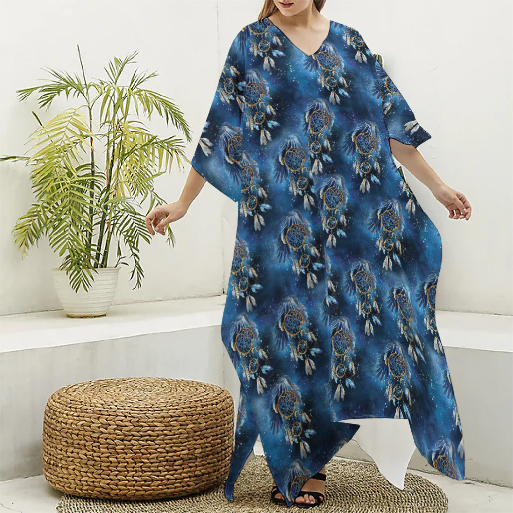 Blue Galaxy Dream Catcher Pattern Print Silk V-Neck Kaftan Dress