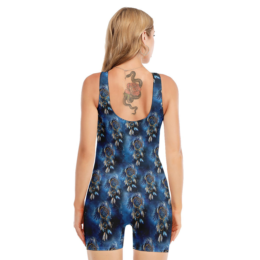 Blue Galaxy Dream Catcher Pattern Print Sleeveless One Piece Swimsuit