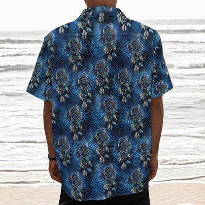 Blue Galaxy Dream Catcher Pattern Print Textured Short Sleeve Shirt