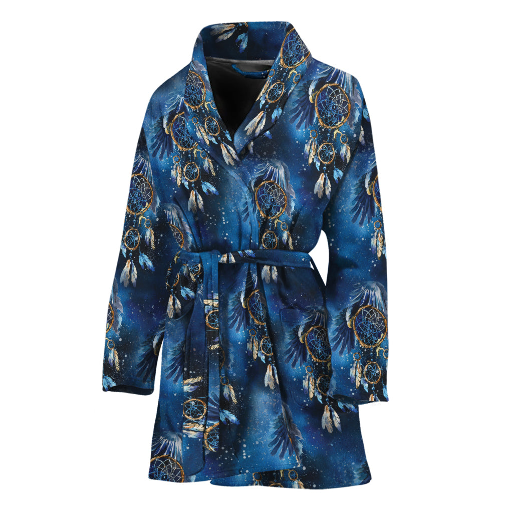 Blue Galaxy Dream Catcher Pattern Print Women's Bathrobe