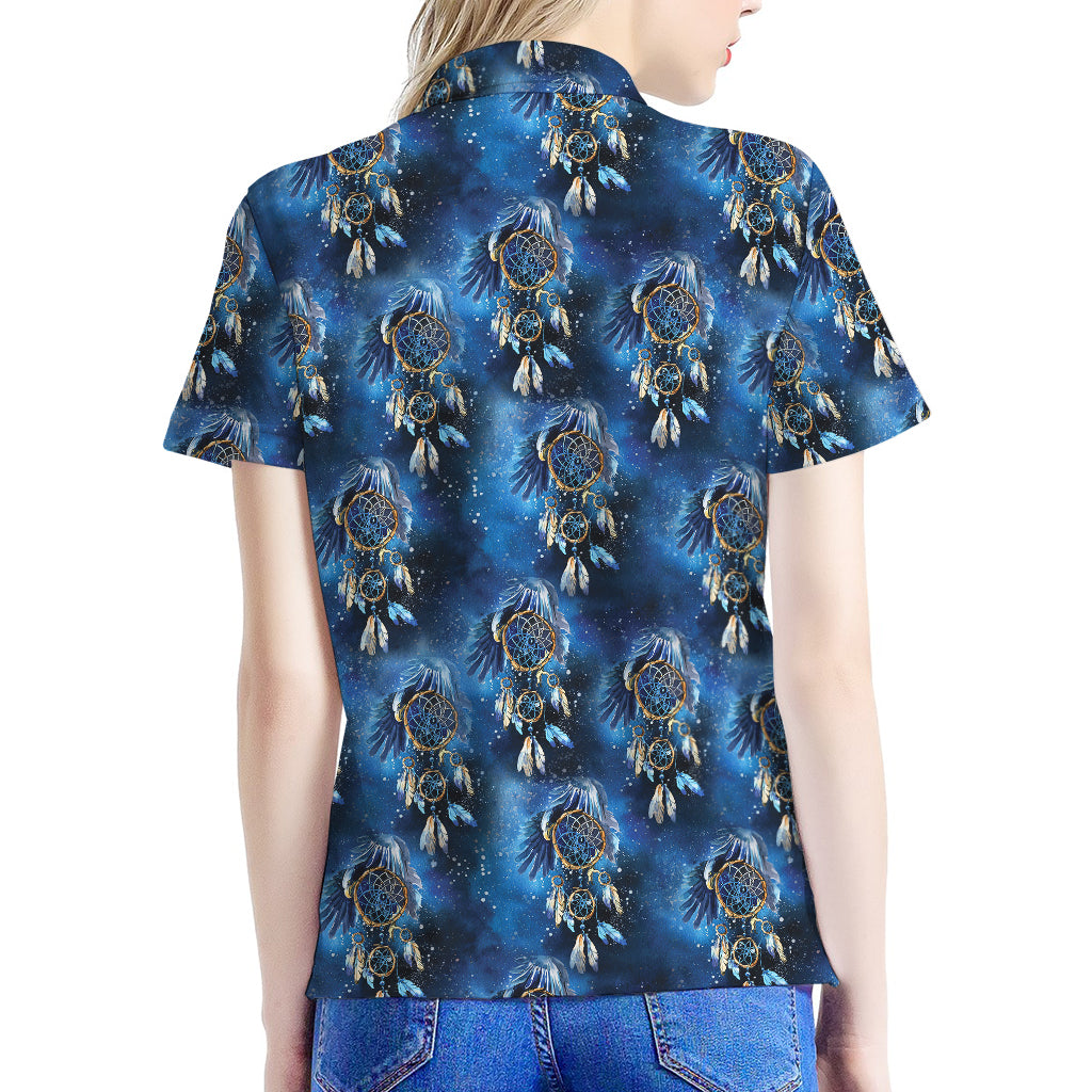 Blue Galaxy Dream Catcher Pattern Print Women's Polo Shirt