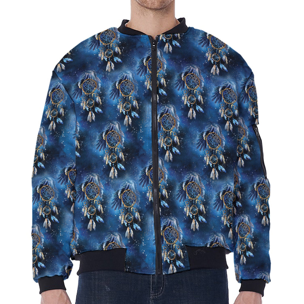 Blue Galaxy Dream Catcher Pattern Print Zip Sleeve Bomber Jacket