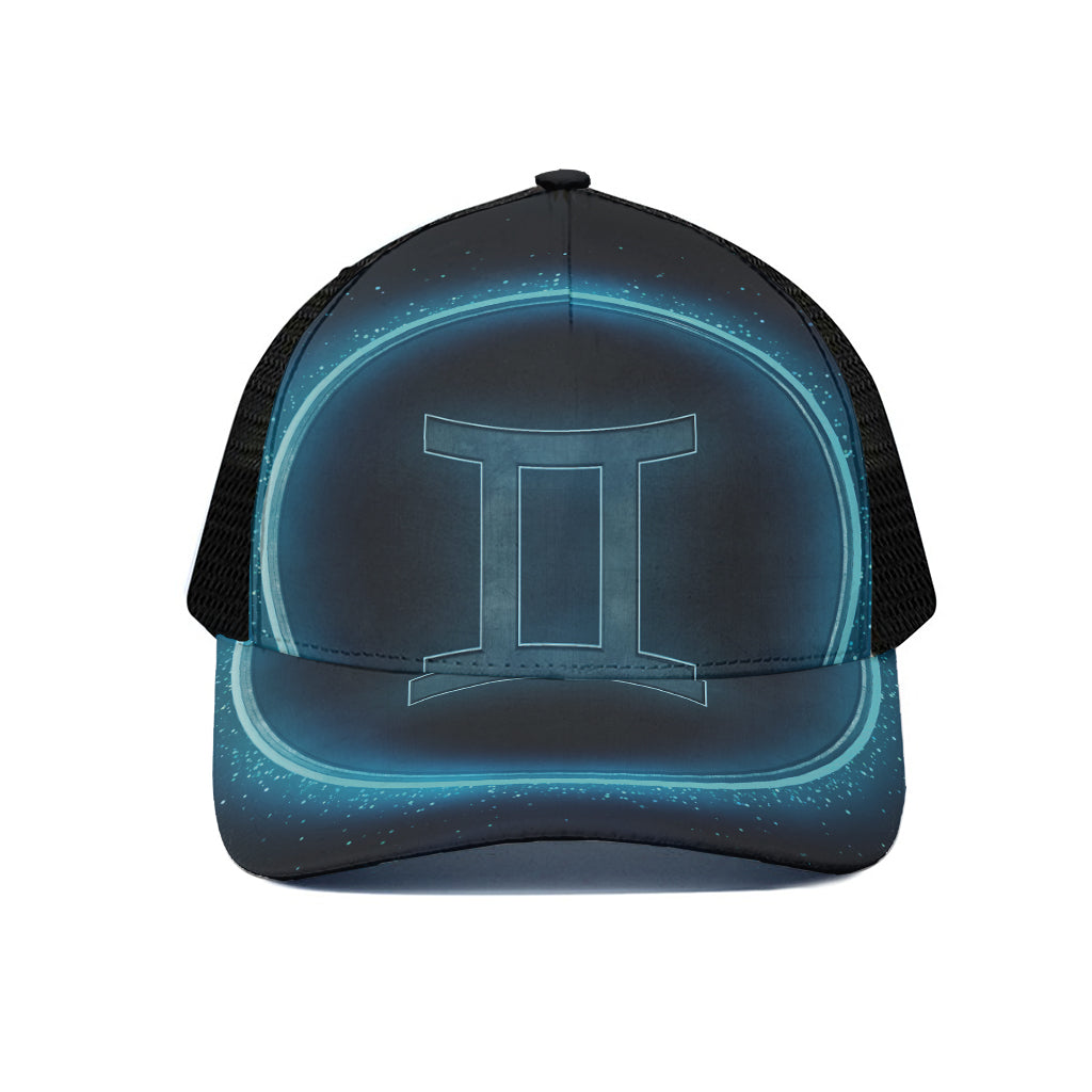 Blue Gemini Zodiac Sign Print Black Mesh Trucker Cap