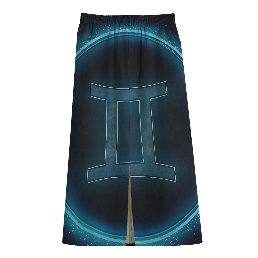 Blue Gemini Zodiac Sign Print Cotton Front Slit Maxi Skirt