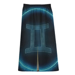 Blue Gemini Zodiac Sign Print Cotton Front Slit Maxi Skirt