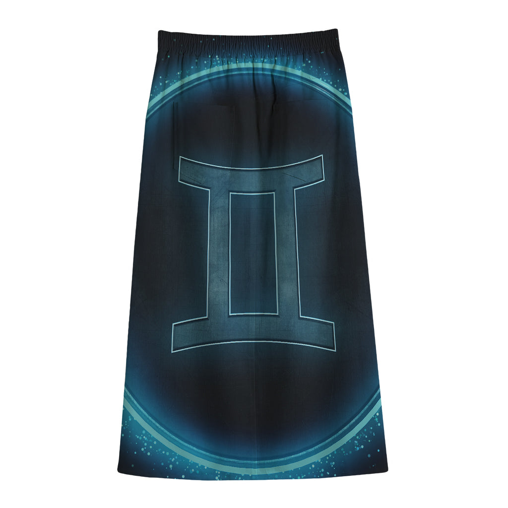 Blue Gemini Zodiac Sign Print Cotton Front Slit Maxi Skirt