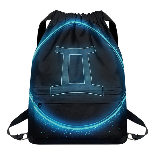 Blue Gemini Zodiac Sign Print Drawstring Backpack