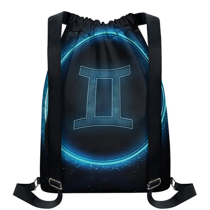 Blue Gemini Zodiac Sign Print Drawstring Backpack