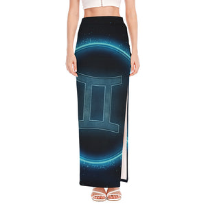 Blue Gemini Zodiac Sign Print High Slit Maxi Skirt