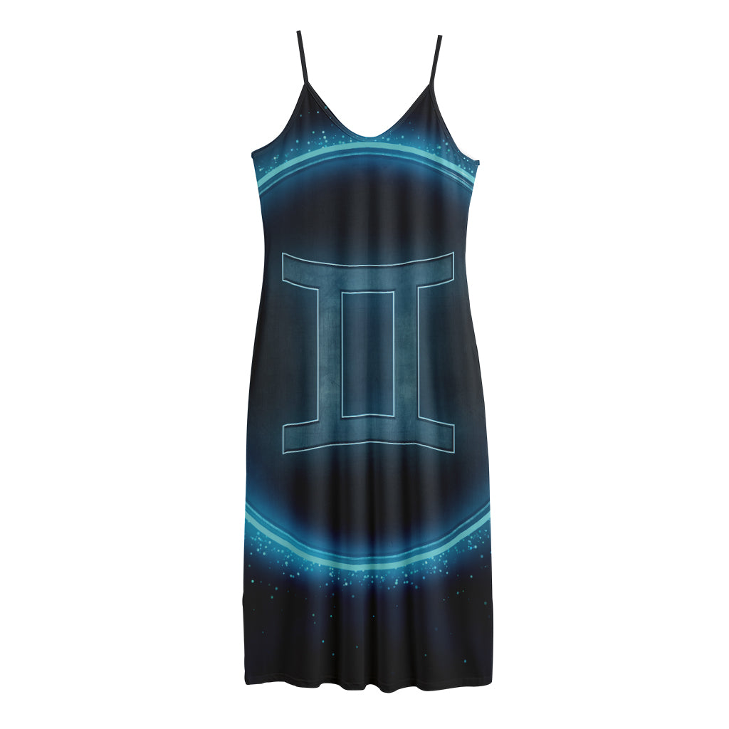 Blue Gemini Zodiac Sign Print Jersey Midi Cami Dress