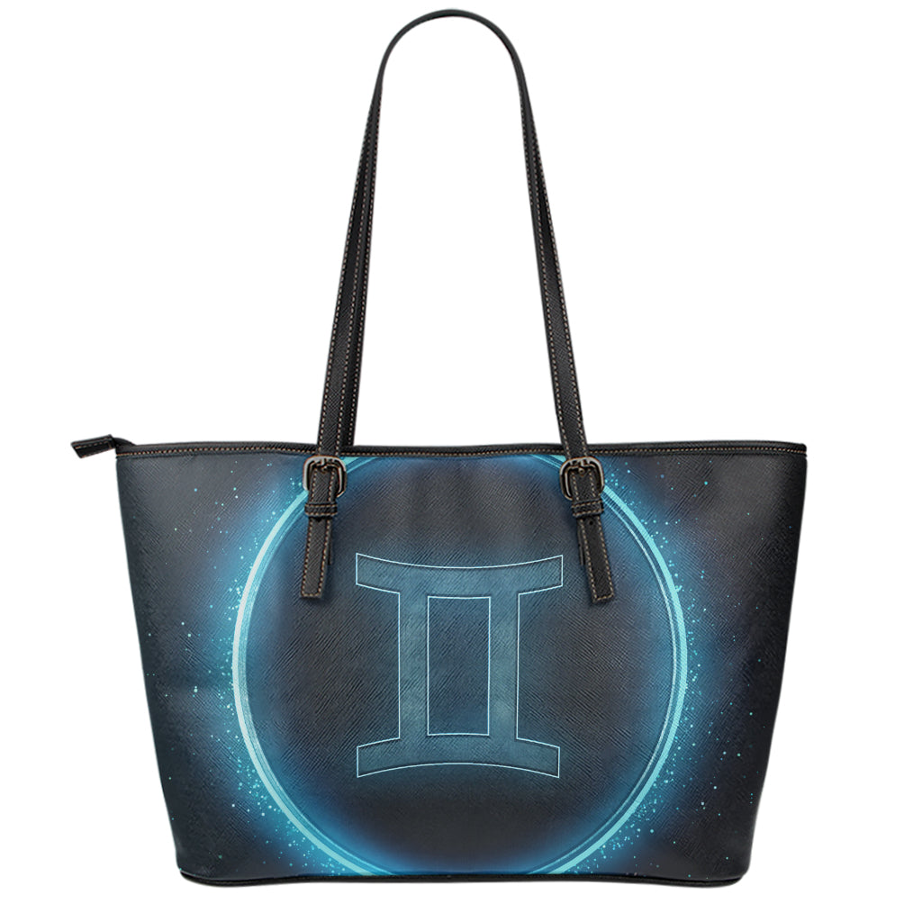 Blue Gemini Zodiac Sign Print Leather Tote Bag