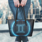 Blue Gemini Zodiac Sign Print Leather Tote Bag