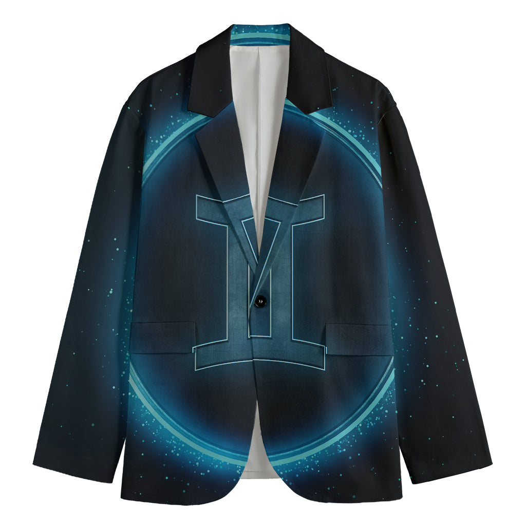 Blue Gemini Zodiac Sign Print Men's Cotton Blazer