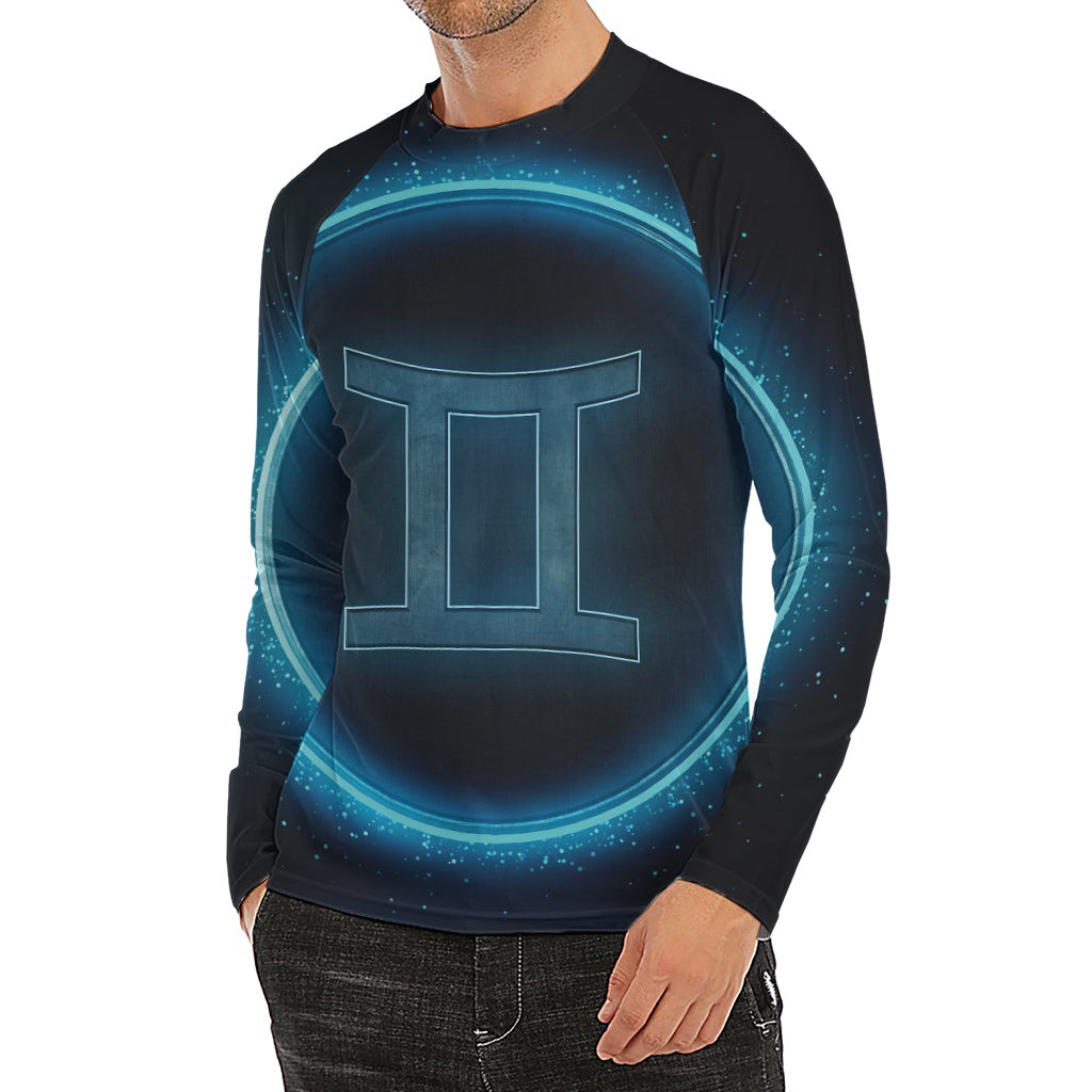 Blue Gemini Zodiac Sign Print Men's Long Sleeve Rash Guard