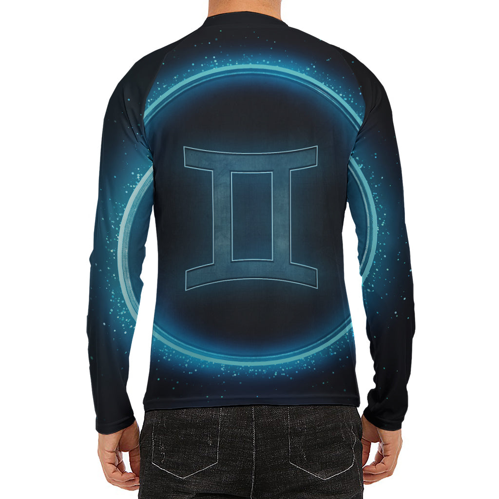 Blue Gemini Zodiac Sign Print Men's Long Sleeve Rash Guard