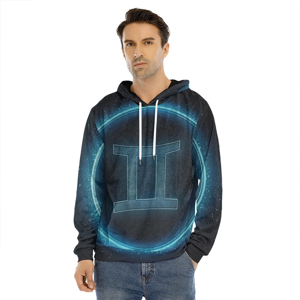 Blue Gemini Zodiac Sign Print Men's Velvet Pullover Hoodie