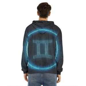 Blue Gemini Zodiac Sign Print Men's Velvet Pullover Hoodie