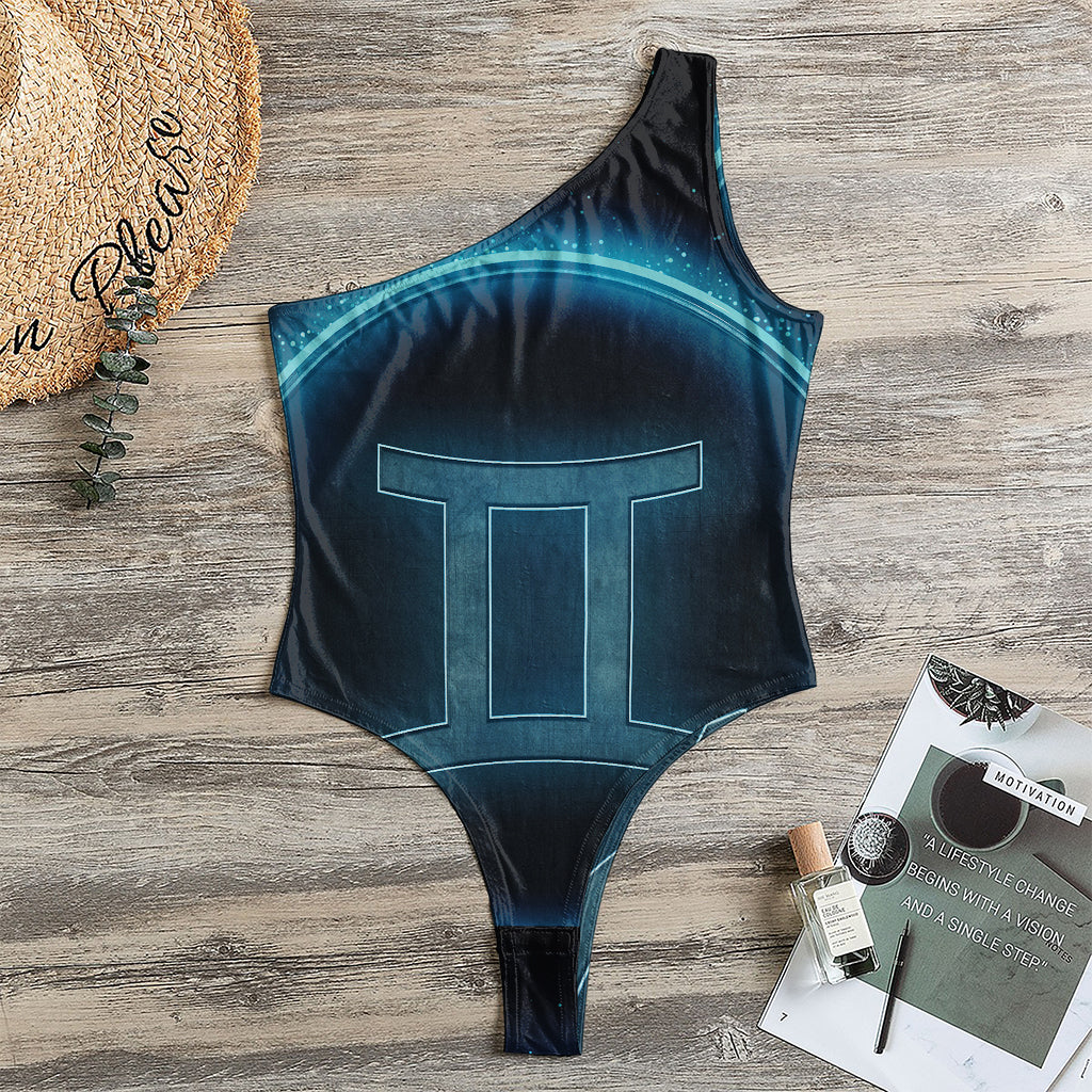 Blue Gemini Zodiac Sign Print One Shoulder Bodysuit
