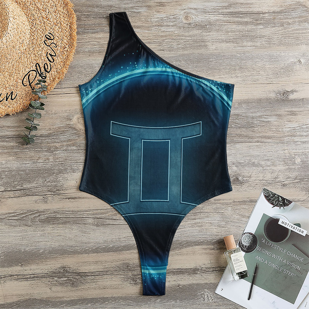Blue Gemini Zodiac Sign Print One Shoulder Bodysuit