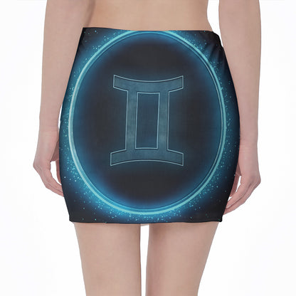 Blue Gemini Zodiac Sign Print Pencil Mini Skirt