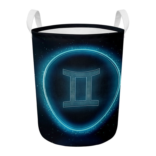 Blue Gemini Zodiac Sign Print Round Laundry Basket