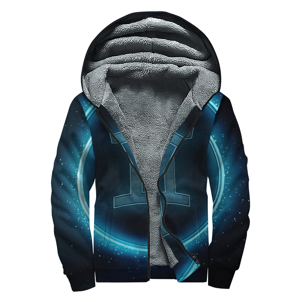 Blue Gemini Zodiac Sign Print Sherpa Lined Zip Up Hoodie
