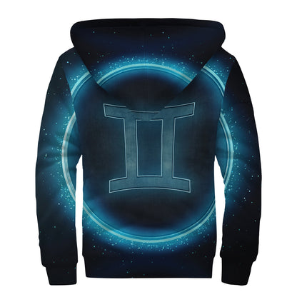 Blue Gemini Zodiac Sign Print Sherpa Lined Zip Up Hoodie