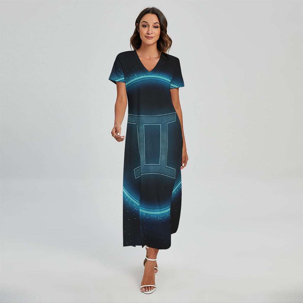 Blue Gemini Zodiac Sign Print Short Sleeve Maxi Dress