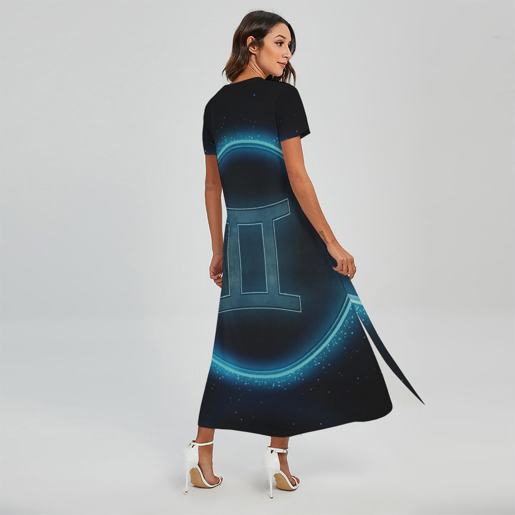 Blue Gemini Zodiac Sign Print Short Sleeve Maxi Dress