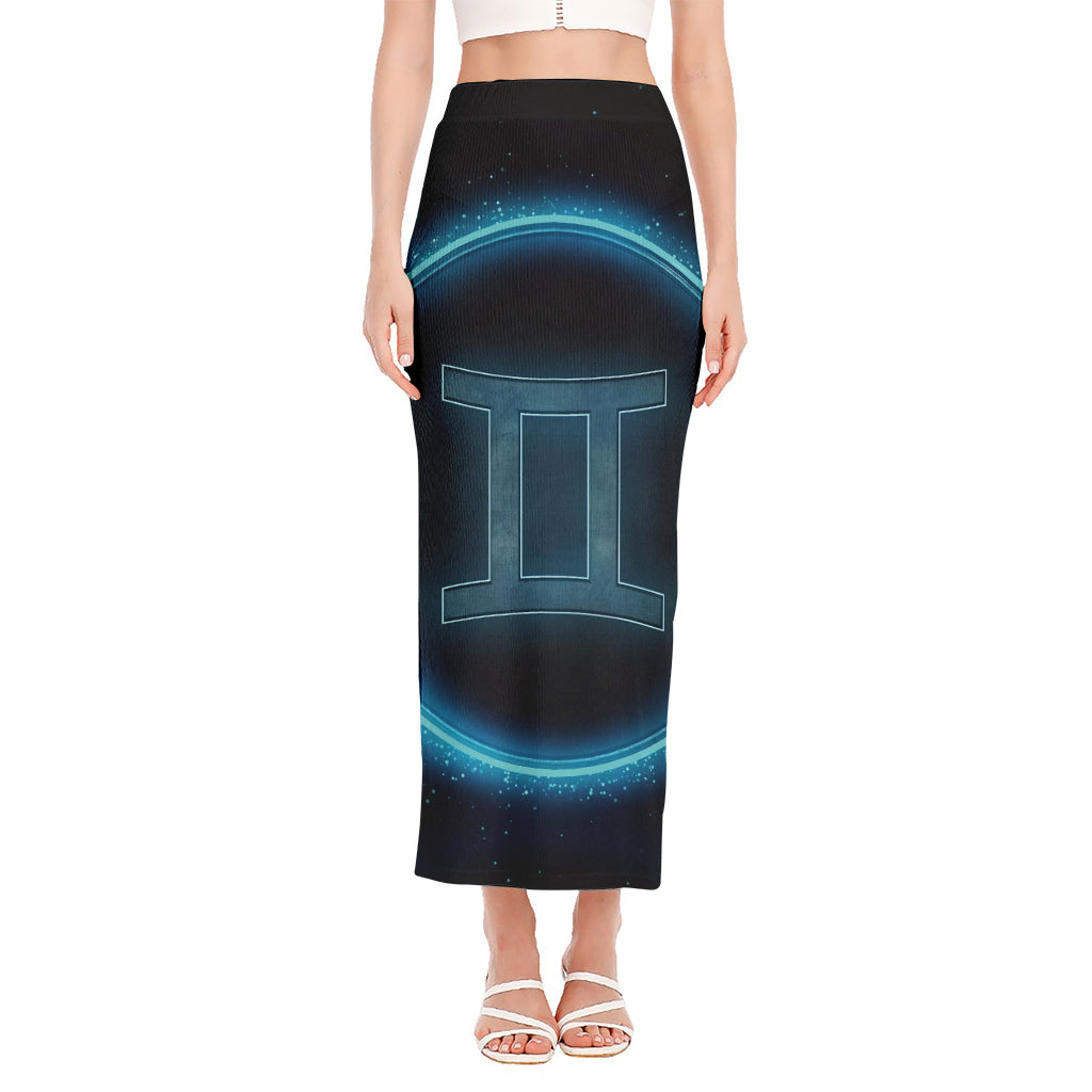 Blue Gemini Zodiac Sign Print Side Slit Maxi Skirt