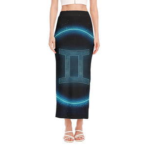 Blue Gemini Zodiac Sign Print Side Slit Maxi Skirt