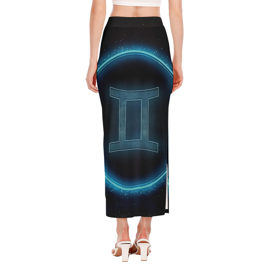 Blue Gemini Zodiac Sign Print Side Slit Maxi Skirt