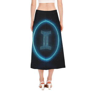 Blue Gemini Zodiac Sign Print Side Slit Midi Skirt