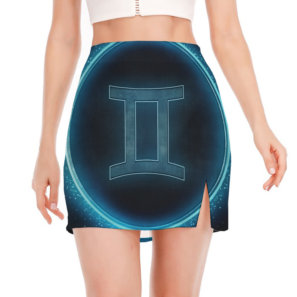 Blue Gemini Zodiac Sign Print Side Slit Mini Skirt