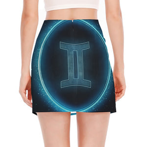 Blue Gemini Zodiac Sign Print Side Slit Mini Skirt