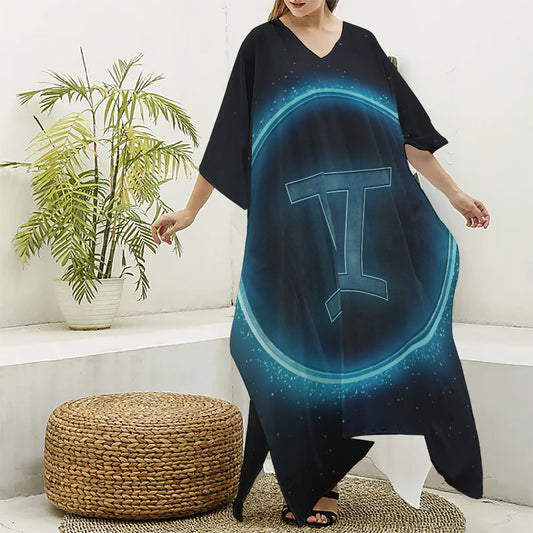 Blue Gemini Zodiac Sign Print Silk V-Neck Kaftan Dress