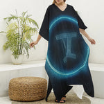 Blue Gemini Zodiac Sign Print Silk V-Neck Kaftan Dress