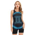 Blue Gemini Zodiac Sign Print Sleeveless One Piece Swimsuit