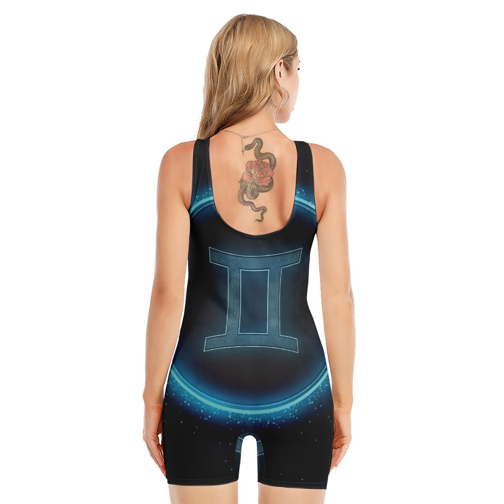 Blue Gemini Zodiac Sign Print Sleeveless One Piece Swimsuit