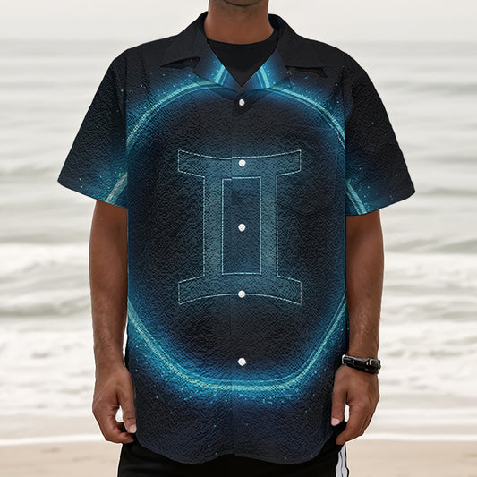 Blue Gemini Zodiac Sign Print Textured Short Sleeve Shirt