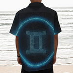Blue Gemini Zodiac Sign Print Textured Short Sleeve Shirt