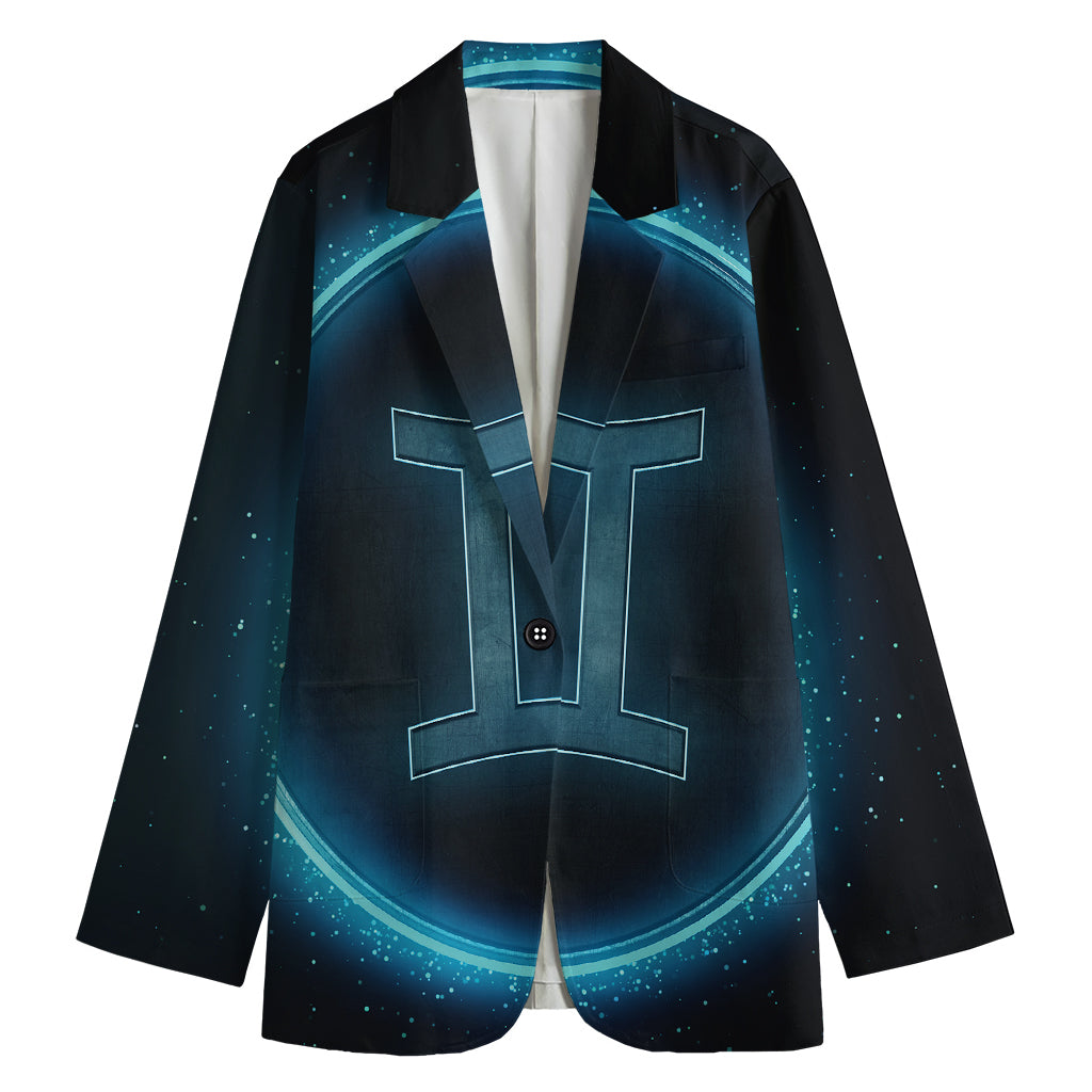 Blue Gemini Zodiac Sign Print Women's Cotton Blazer