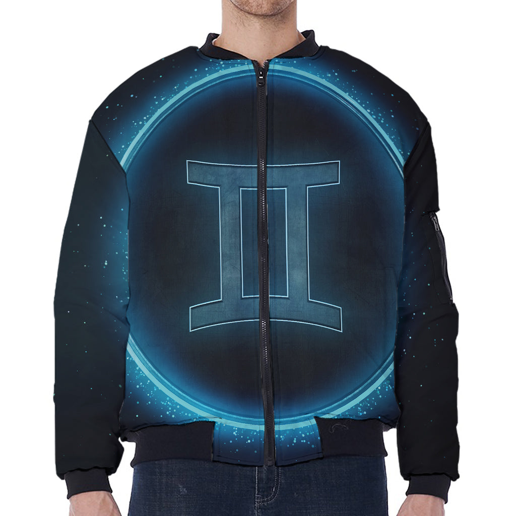 Blue Gemini Zodiac Sign Print Zip Sleeve Bomber Jacket