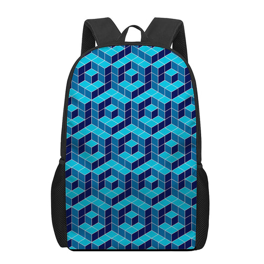 Blue Geometric Cube Shape Pattern Print 17 Inch Backpack
