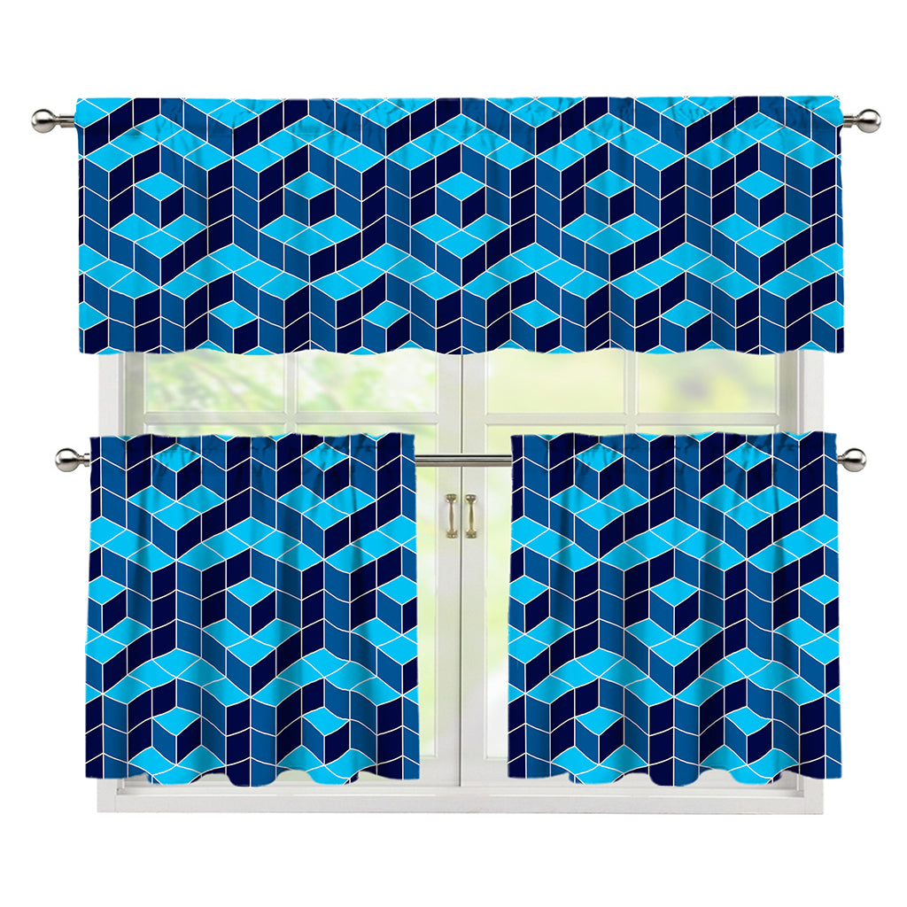 Blue Geometric Cube Shape Pattern Print 3 Piece Kitchen Curtains