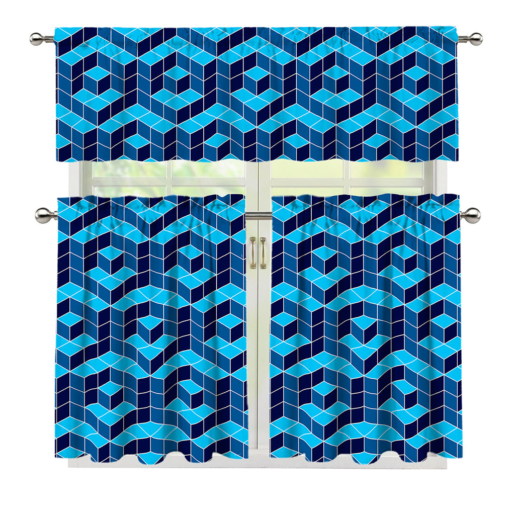Blue Geometric Cube Shape Pattern Print 3 Piece Kitchen Curtains