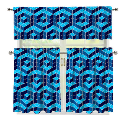 Blue Geometric Cube Shape Pattern Print 3 Piece Kitchen Curtains