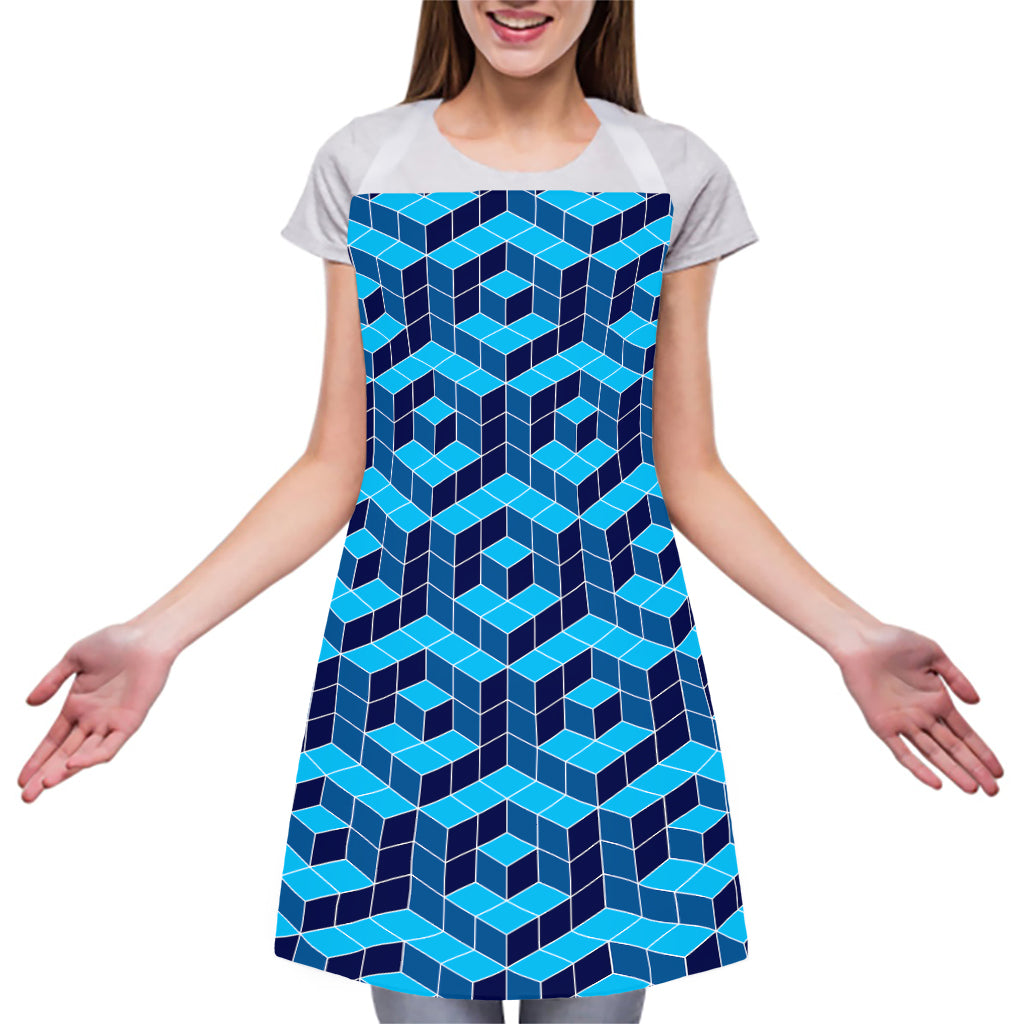 Blue Geometric Cube Shape Pattern Print Adjustable Apron