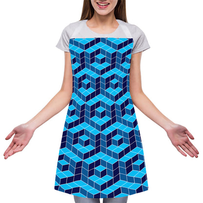Blue Geometric Cube Shape Pattern Print Adjustable Apron