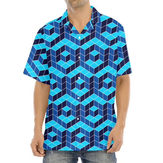 Blue Geometric Cube Shape Pattern Print Aloha Shirt